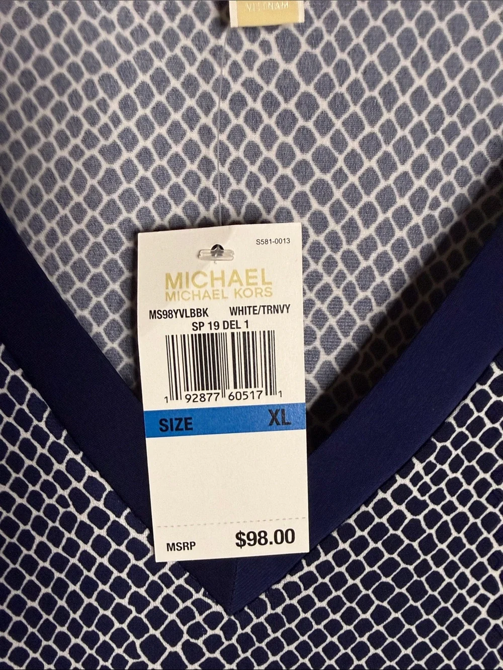 Michael Kors Navy and White Patterned V-Neck Long Sleeve Dress